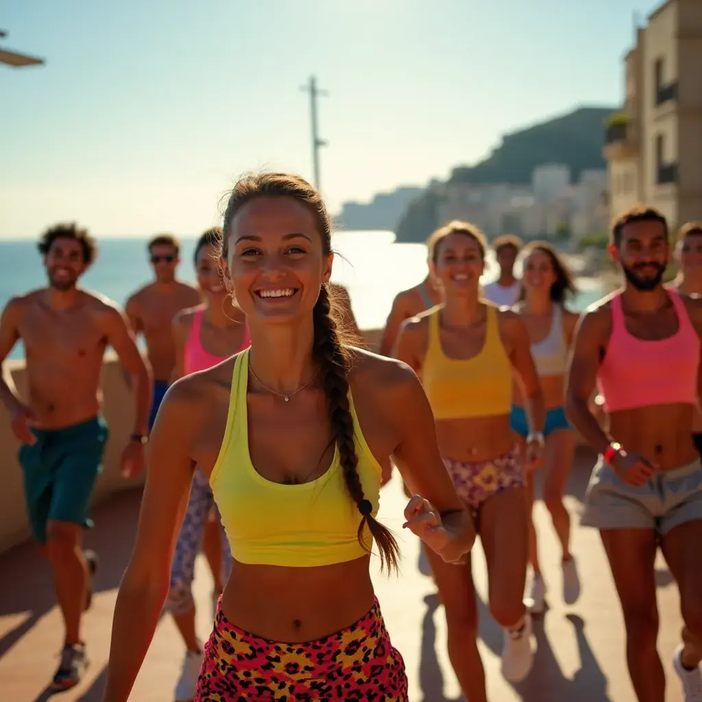 Mujer levantando pesas en un entorno al aire libre durante una rutina de entrenamiento.